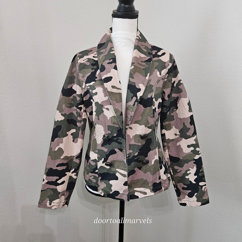 Boston Proper‎ Camo Tailored Blazer Jacket Crest sz M Urban Military Chic